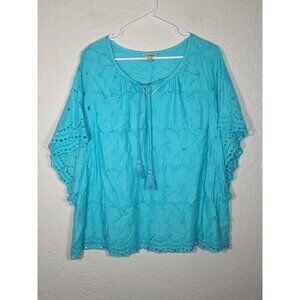 Catherines Womens Eyelet Blouse Top Size 1XWP Turquoise Blue Butterfly Sleeve